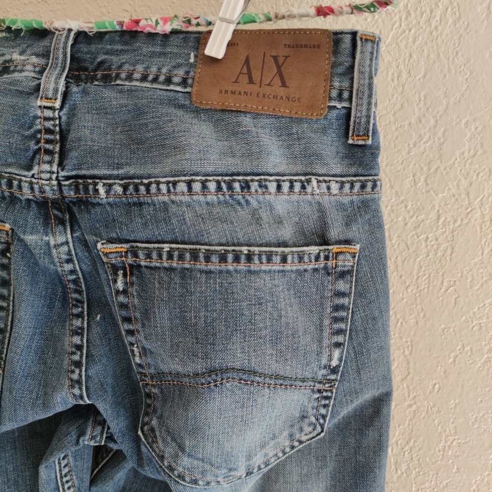Armani Exchange Loose Straight Denim Jeans Stain Indigo Button Distress‎ 29 X30" - Picture 5 of 10